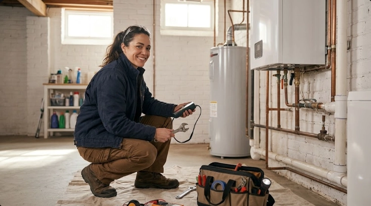 Plumbing technician utilizing digital pressure testing meter to verify gas piping connections in utility space
