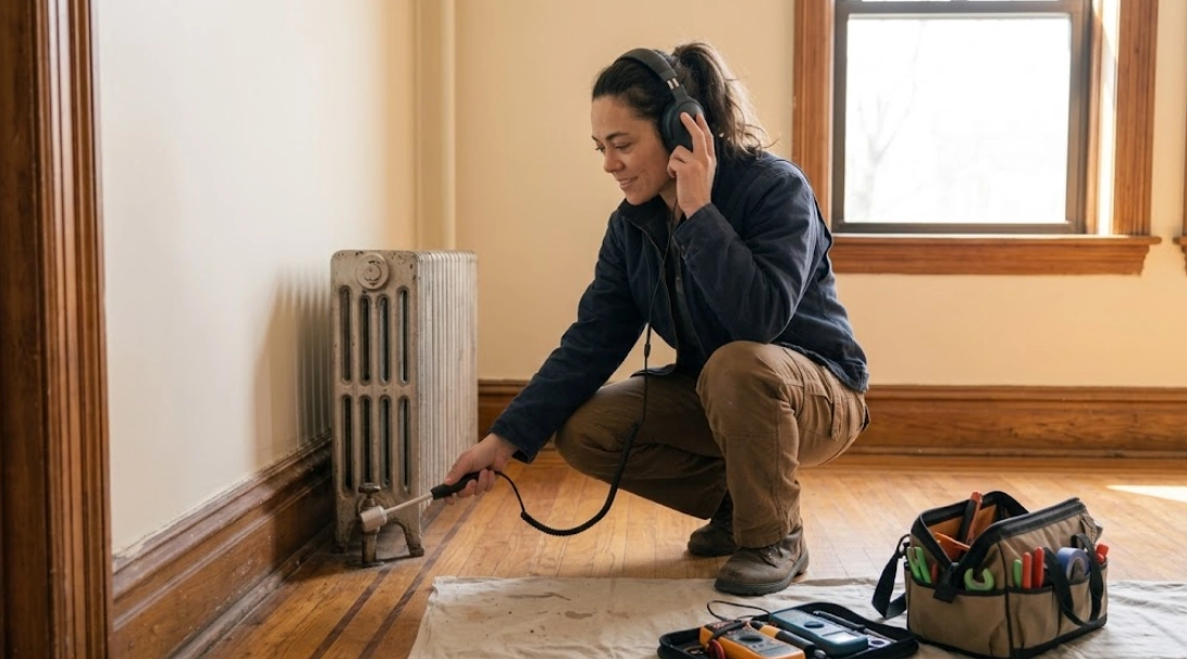 Plumbing technician utilizing acoustic electronic listening sensor for hidden leak detection in residential apartment