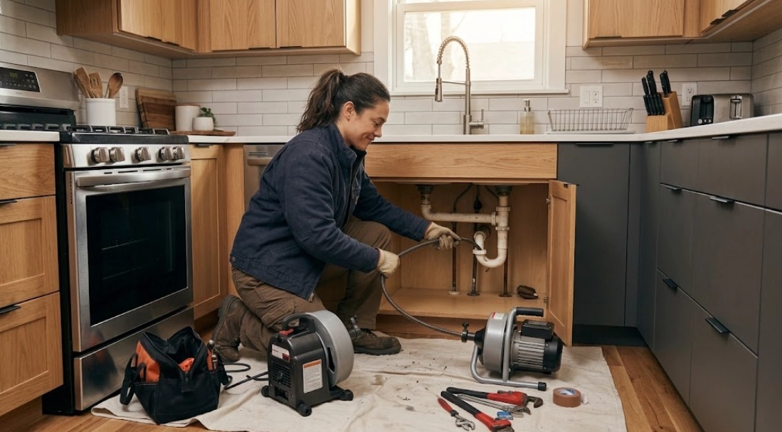 Plumbing technician clearing clogged kitchen sink drain utilizing motorized drain snake equipment