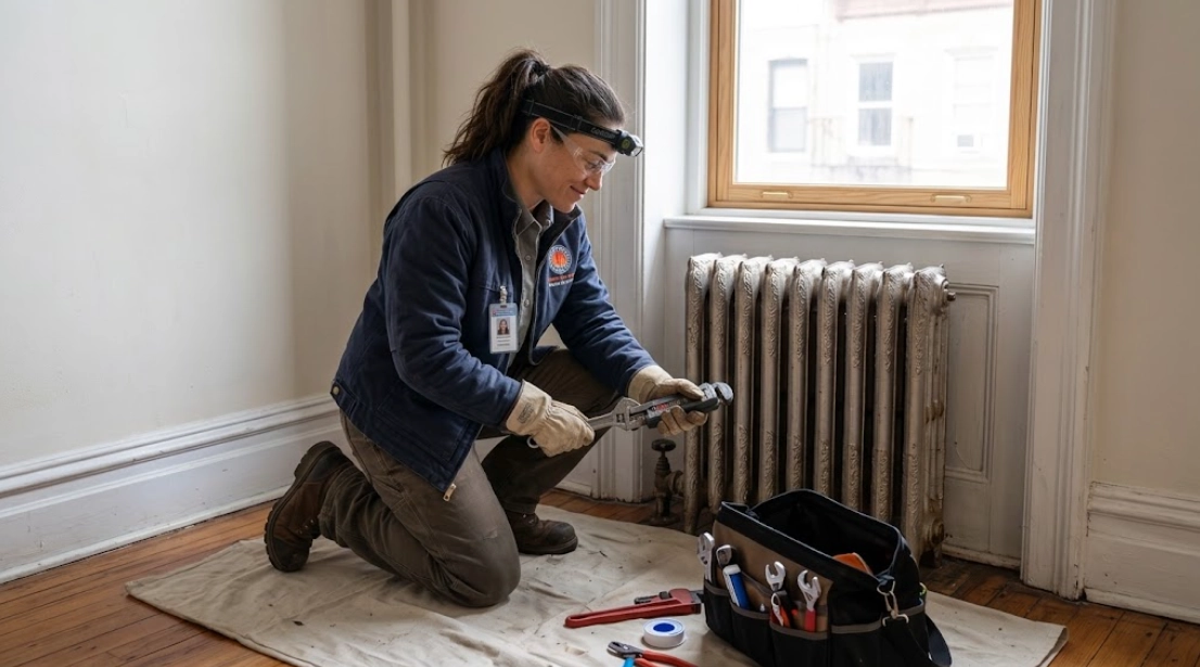 Plumbing technician utilizing professional wrench tooling to service and repair pressurized piping fittings in apartment